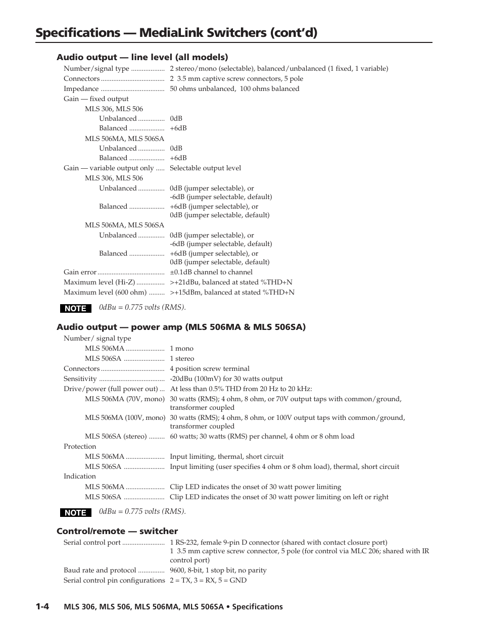 Specifications — medialink switchers (cont’d) | Extron electronic MLS 506MA User Manual | Page 3 / 4