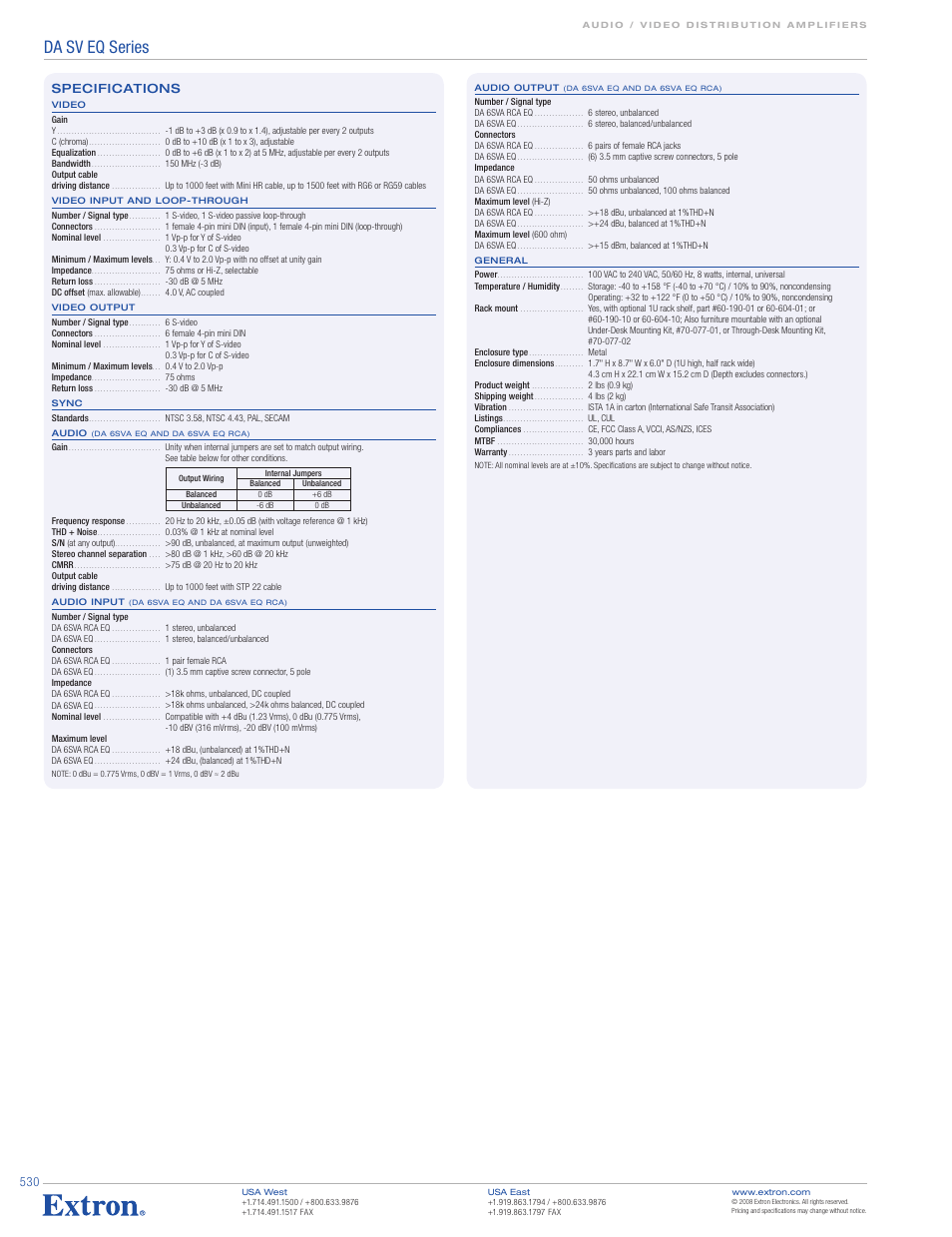 Da sv eq series, Specifications | Extron electronic DA SV EQ Series User Manual | Page 3 / 3