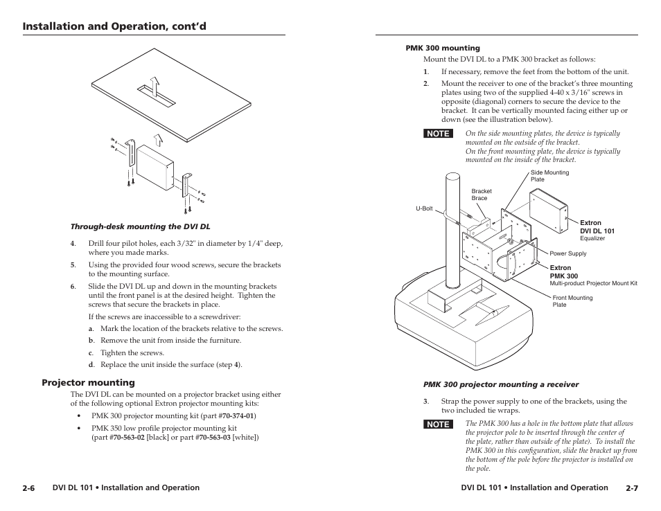 Projector mounting, Pmk 300 mounting, Projector mounting -6 | Pmk 300 mounting -7, Installation and operation, cont’d | Extron Electronics DVI DL 101 User Manual | Page 10 / 18
