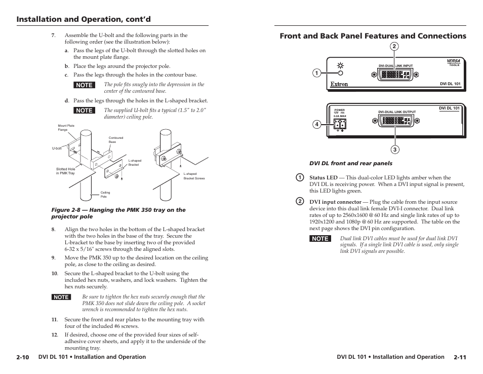 Front and back panel features and connections, Front and back panel features and connections, Installation and operation, cont’d | Extron Electronics DVI DL 101 User Manual | Page 12 / 18