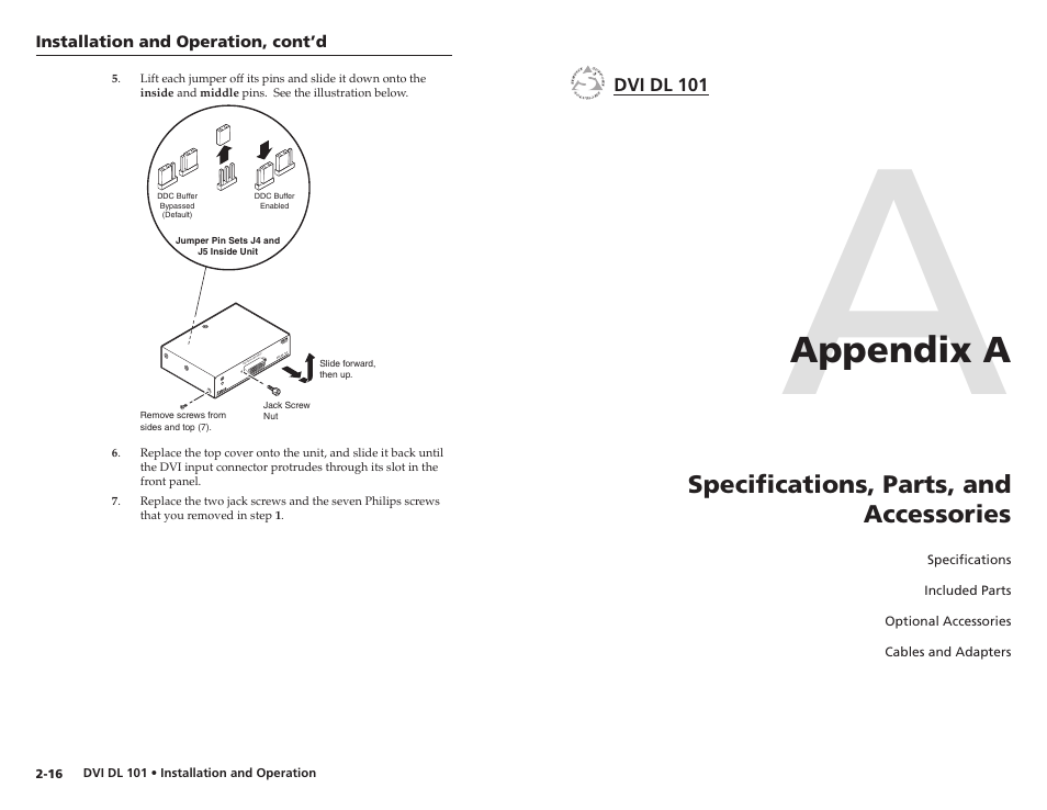 Appendix a, Specifications, parts, and accessories, Appendix a • specifications, parts, and | Accessories | Extron Electronics DVI DL 101 User Manual | Page 15 / 18
