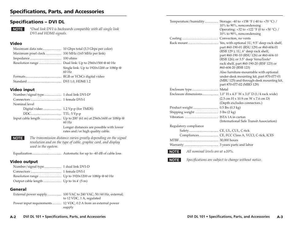 Specifications – dvi dl, Specifications, parts, and accessories | Extron Electronics DVI DL 101 User Manual | Page 16 / 18