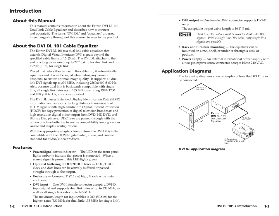 About this manual, About the dvi dl 101 cable equalizer, Features | Application diagrams, Features, Application diagrams, Introduction, Po we r 12v 0.2a m ax | Extron Electronics DVI DL 101 User Manual | Page 6 / 18