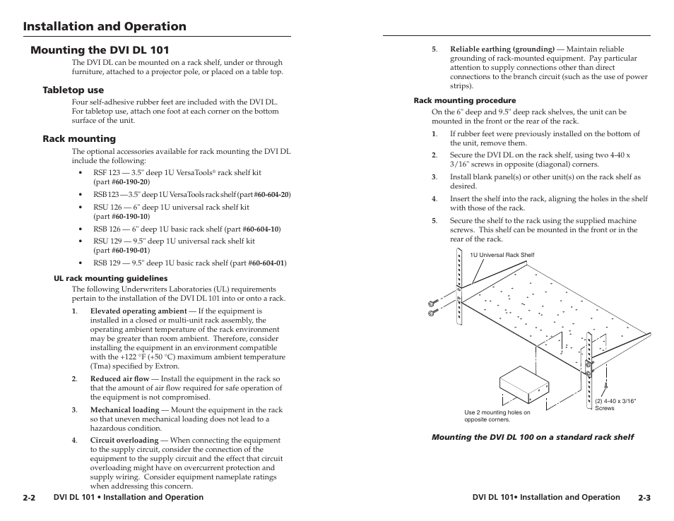 Mounting the dvi dl 101, Tabletop use, Rack mounting | Ul rack mounting guidelines, Rack mounting procedure, Tabletop use -2 rack mounting -2, Installation and operation | Extron Electronics DVI DL 101 User Manual | Page 8 / 18