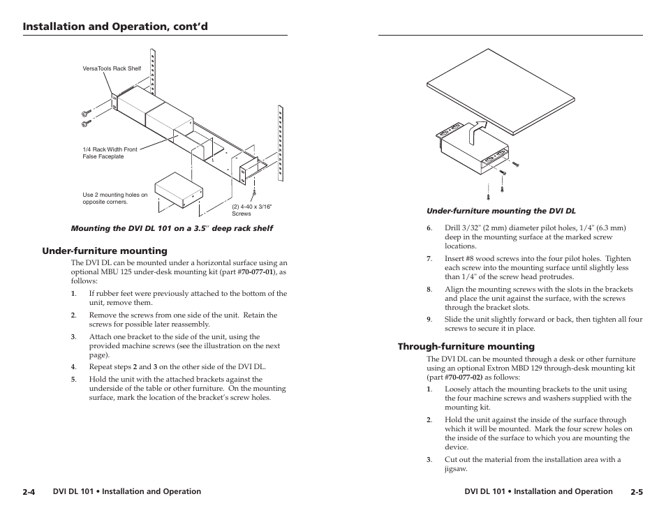 Under-furniture mounting, Through-furniture mounting, Installation and operation, cont’d | Extron Electronics DVI DL 101 User Manual | Page 9 / 18