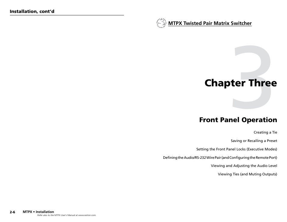 Chapter 3 • front panel operation, Chapter three • front panel operation | Extron Electronics MTPX Series User Manual | Page 11 / 23