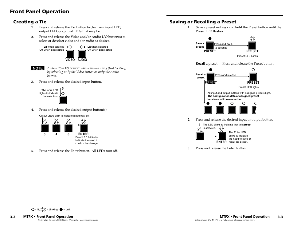 Creating a tie, Saving or recalling a preset, Saving or recalling a preset | Front panel operation | Extron Electronics MTPX Series User Manual | Page 12 / 23