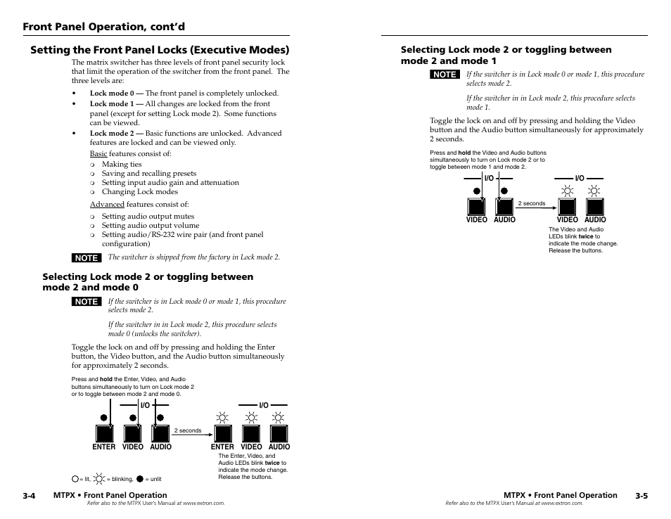 Setting the front panel locks (executive modes), Setting the front panel locks (executive modes), Front panel operation, cont’d | Extron Electronics MTPX Series User Manual | Page 13 / 23