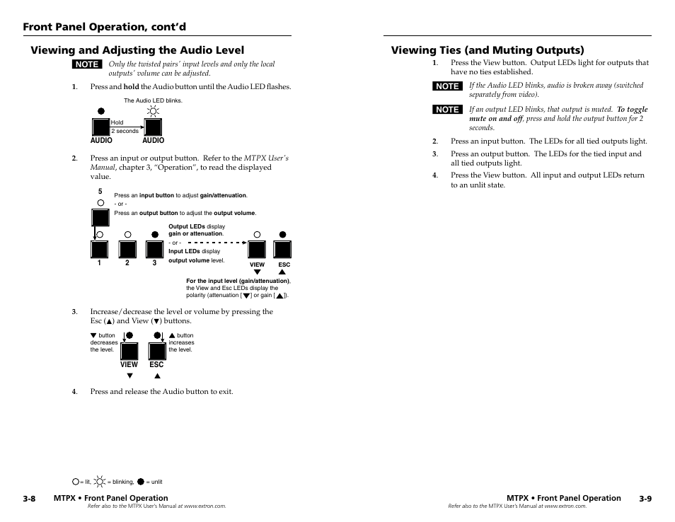 Viewing and adjusting the audio level, Viewing ties (and muting outputs), Front panel operation, cont’d | Extron Electronics MTPX Series User Manual | Page 15 / 23