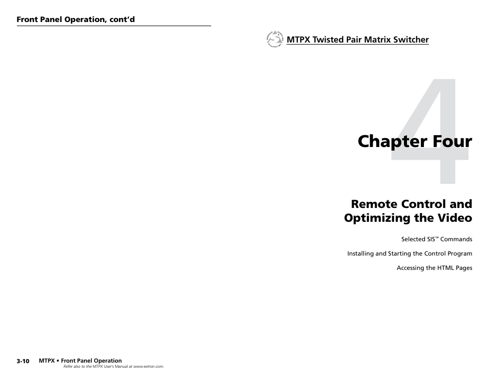 Chapter four, Remote control and, Optimizing the video | Extron Electronics MTPX Series User Manual | Page 16 / 23