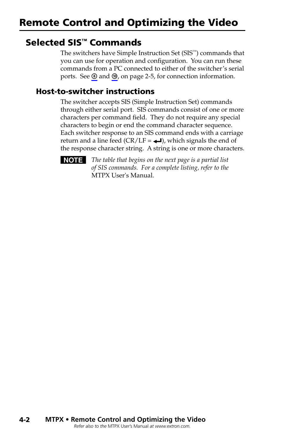 Selected sis™ commands, Host-to-switcher instructions, Selected sis | Commands, Remote control and optimizing the video, Selected sis | Extron Electronics MTPX Series User Manual | Page 17 / 23
