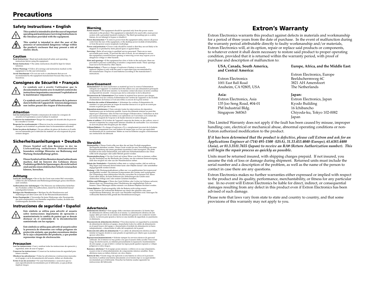 Inside cover: precautions/safety, warranty, Precautions, Extron’s warranty | Instrucciones de seguridad • español | Extron Electronics MTPX Series User Manual | Page 2 / 23