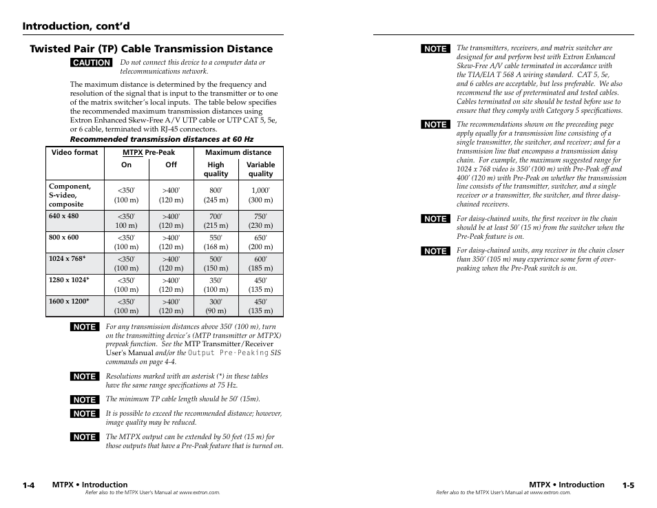 Twisted pair (tp) cable transmission distance, Twisted pair (tp) cable transmission distance, Introduction, cont’d | Extron Electronics MTPX Series User Manual | Page 7 / 23
