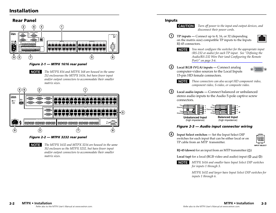 Rear panel, Inputs, Inputs -3 | Installation, Listed 1t23 i.t.e, Figure 2-3 — audio input connector wiring, Mtpx • installation, Local rgb (vga) inputs, Local audio inputs, Rj-45 (down) for an input from an mtp transmitter | Extron Electronics MTPX Series User Manual | Page 9 / 23
