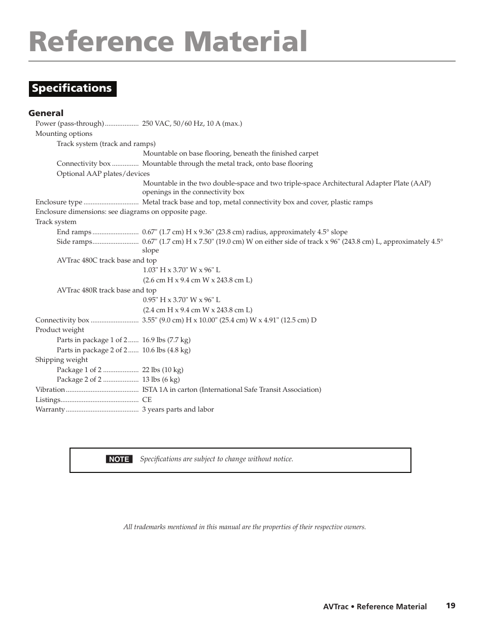 Reference material, Specifications | Extron electronic AVTrac 42-122-xx User Manual | Page 21 / 28