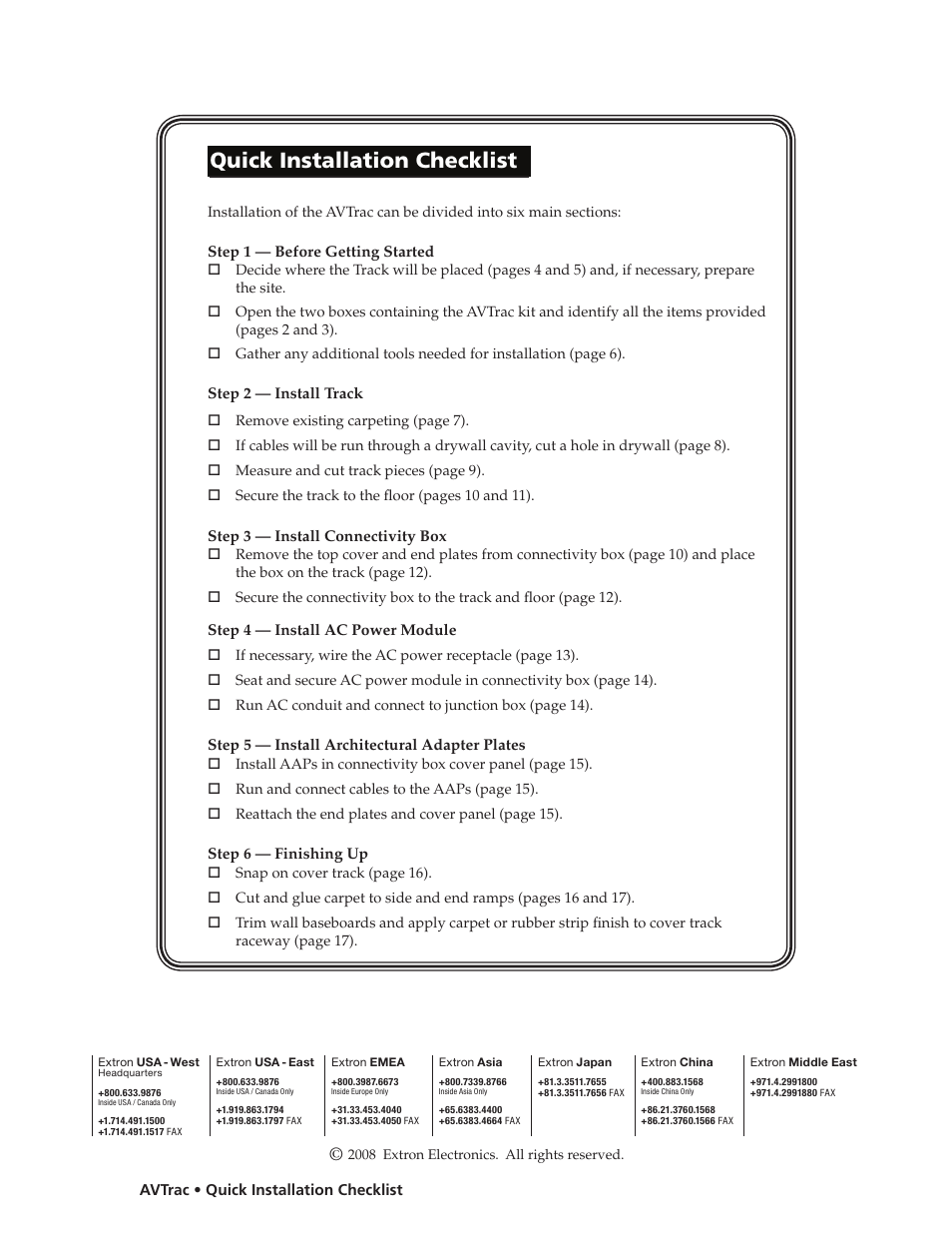 Quick installation checklist, Extron contact information | Extron electronic AVTrac 42-122-xx User Manual | Page 28 / 28