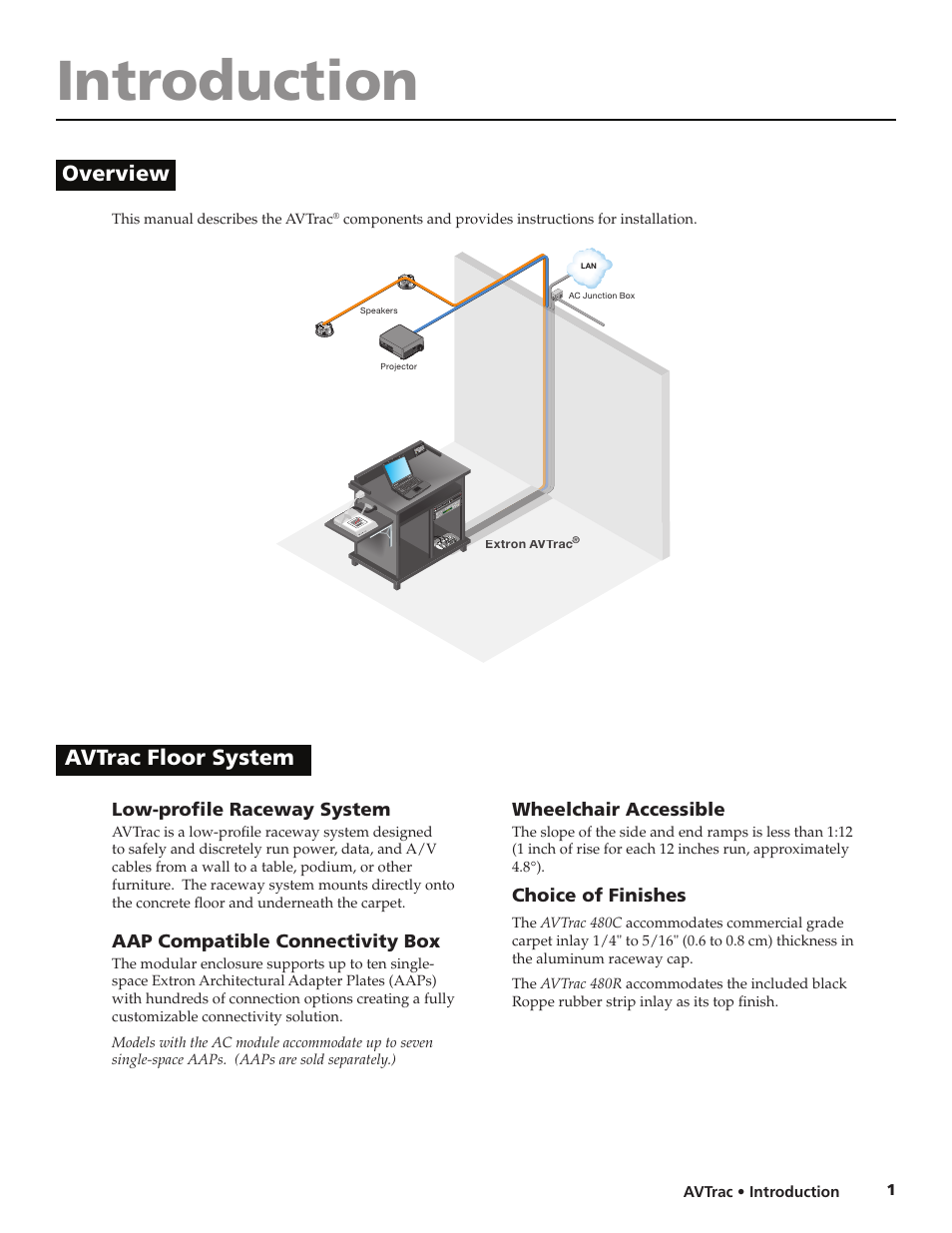 Introduction, Overview, Avtrac floor system | Overview avtrac floor system, Low-profile raceway system, Aap compatible connectivity box, Wheelchair accessible, Choice of finishes | Extron electronic AVTrac 42-122-xx User Manual | Page 3 / 28