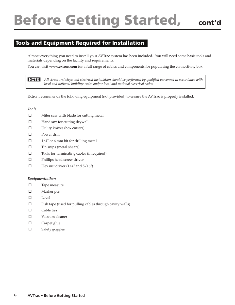 Tools and eqipment required for installation, Before getting started, Cont’d | Tools and equipment required for installation | Extron electronic AVTrac 42-122-xx User Manual | Page 8 / 28