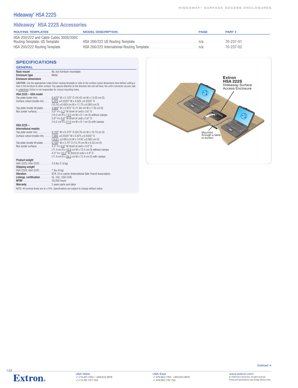 Hideaway, Hsa 222s, Hsa 222s accessories | Extron electronic Network Device HSA 222S User Manual | Page 2 / 2