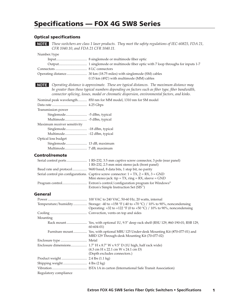 Extron electronic FOX 4G SW8 User Manual | 2 pages