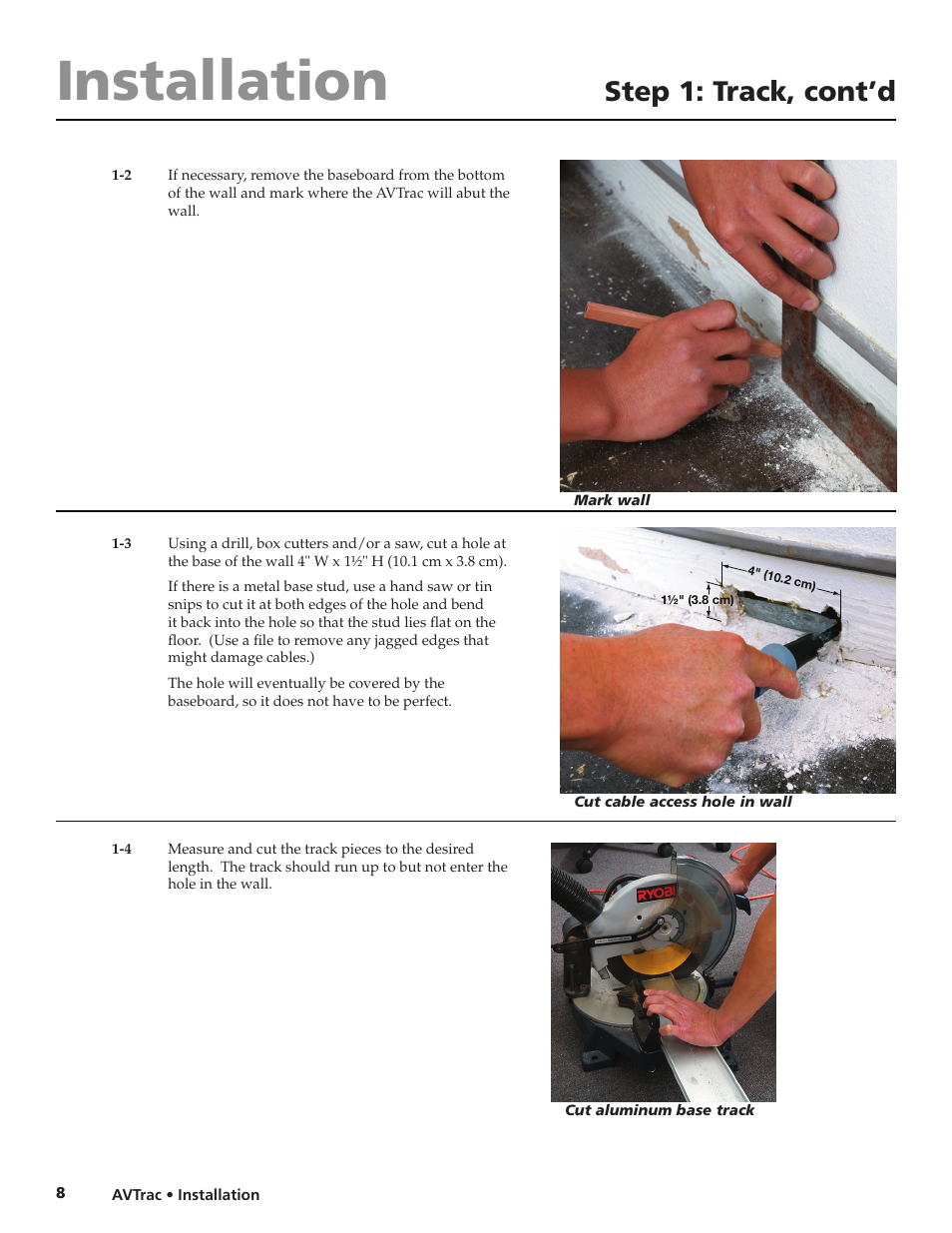 Installation, Step 1: track, cont’d | Extron electronic Low Profile Floor-Mount Raceway System for A/V Connectivity AVTrac User Manual | Page 10 / 24