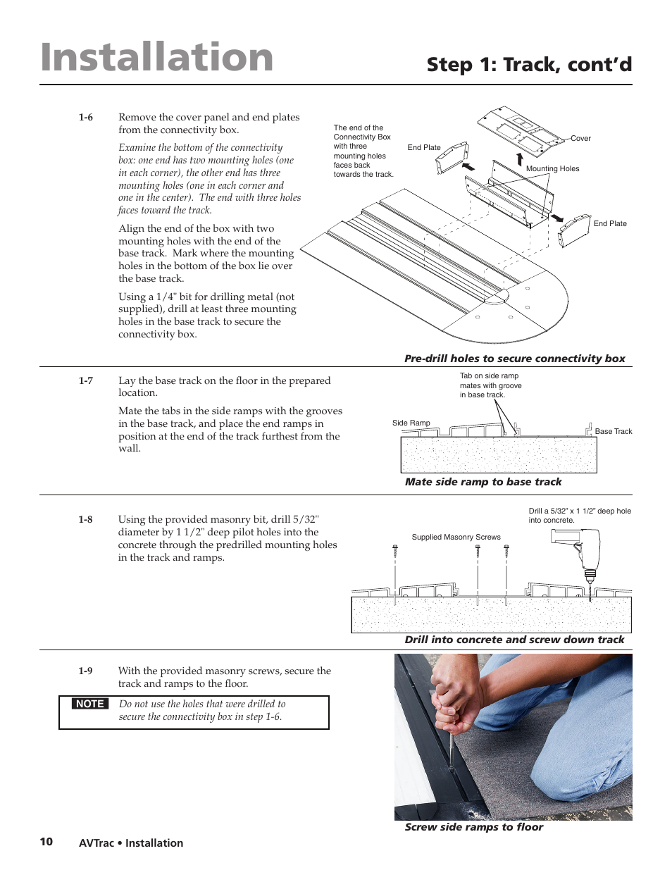 Installation, Step 1: track, cont’d | Extron electronic Low Profile Floor-Mount Raceway System for A/V Connectivity AVTrac User Manual | Page 12 / 24