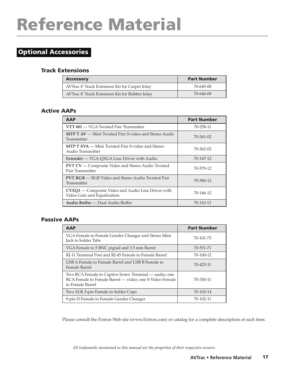 Reference material, Optional accessories | Extron electronic Low Profile Floor-Mount Raceway System for A/V Connectivity AVTrac User Manual | Page 19 / 24