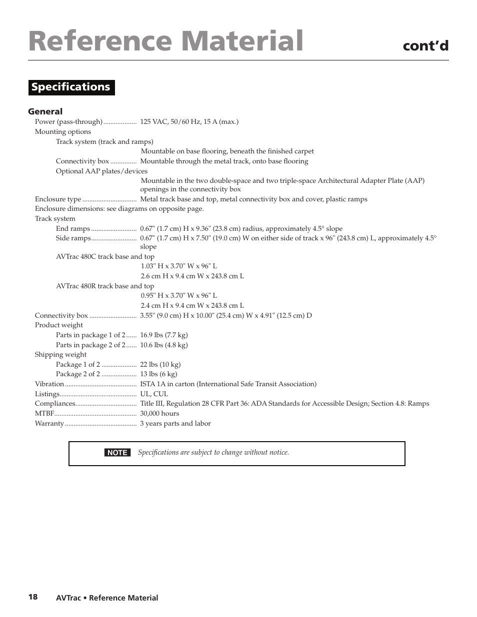 Reference material, Cont’d, Specifications | Extron electronic Low Profile Floor-Mount Raceway System for A/V Connectivity AVTrac User Manual | Page 20 / 24