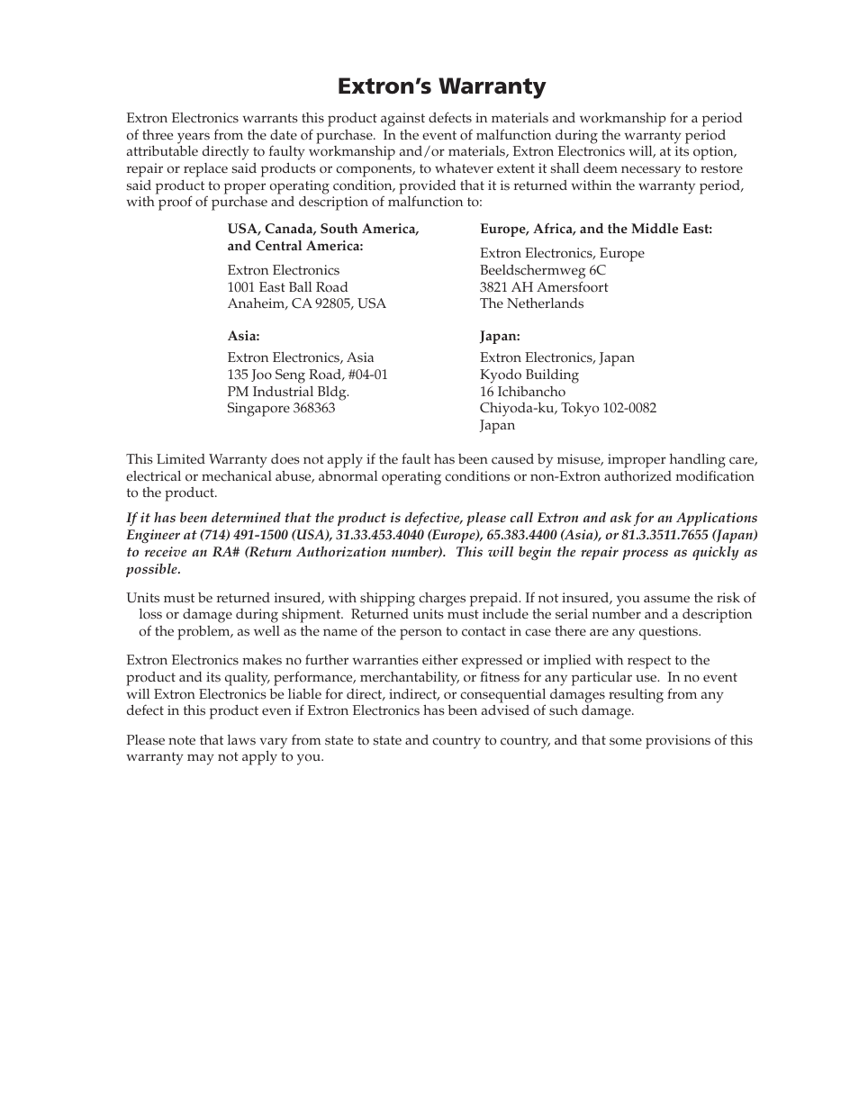 Extron’s warranty | Extron electronic Low Profile Floor-Mount Raceway System for A/V Connectivity AVTrac User Manual | Page 23 / 24