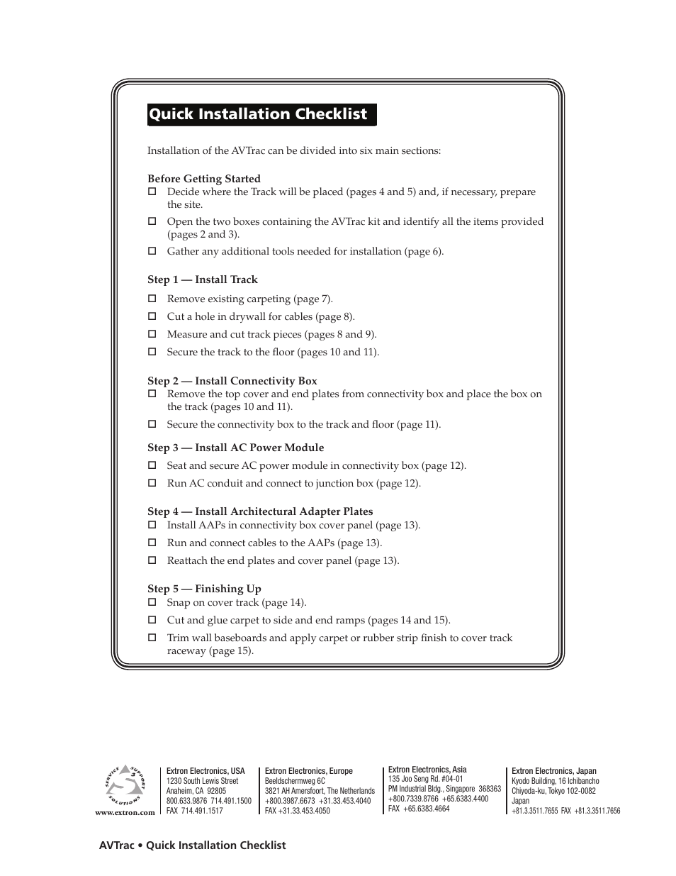 Quick installation checklist | Extron electronic Low Profile Floor-Mount Raceway System for A/V Connectivity AVTrac User Manual | Page 24 / 24