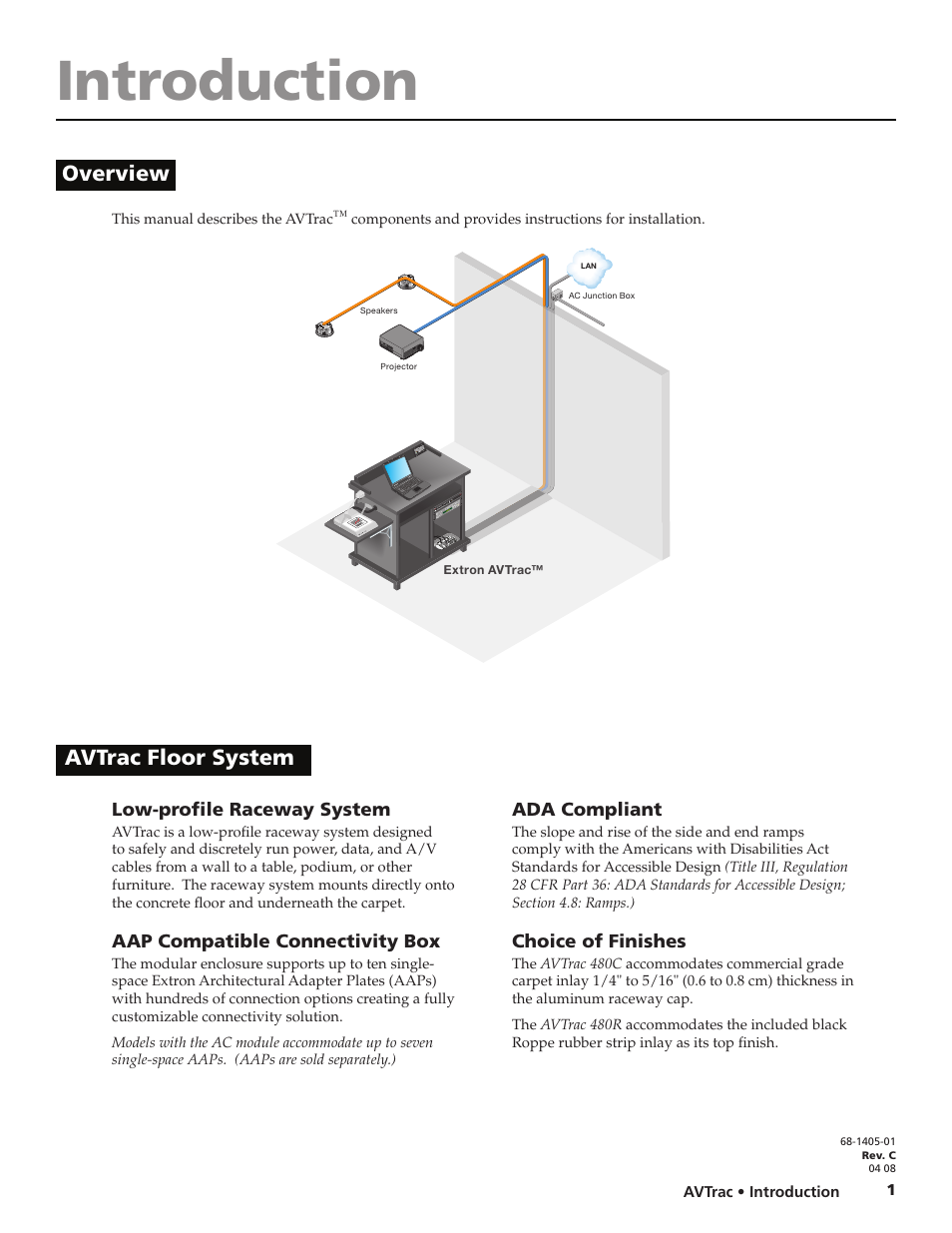 1405-01_avtrac_revc_color_apr08, Introduction, Overview avtrac floor system | Low-profile raceway system, Aap compatible connectivity box, Ada compliant, Choice of finishes | Extron electronic Low Profile Floor-Mount Raceway System for A/V Connectivity AVTrac User Manual | Page 3 / 24