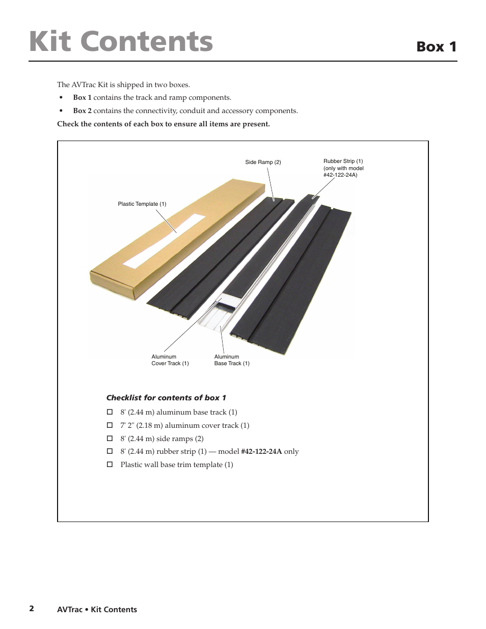 Kit contents, Box 1 | Extron electronic Low Profile Floor-Mount Raceway System for A/V Connectivity AVTrac User Manual | Page 4 / 24