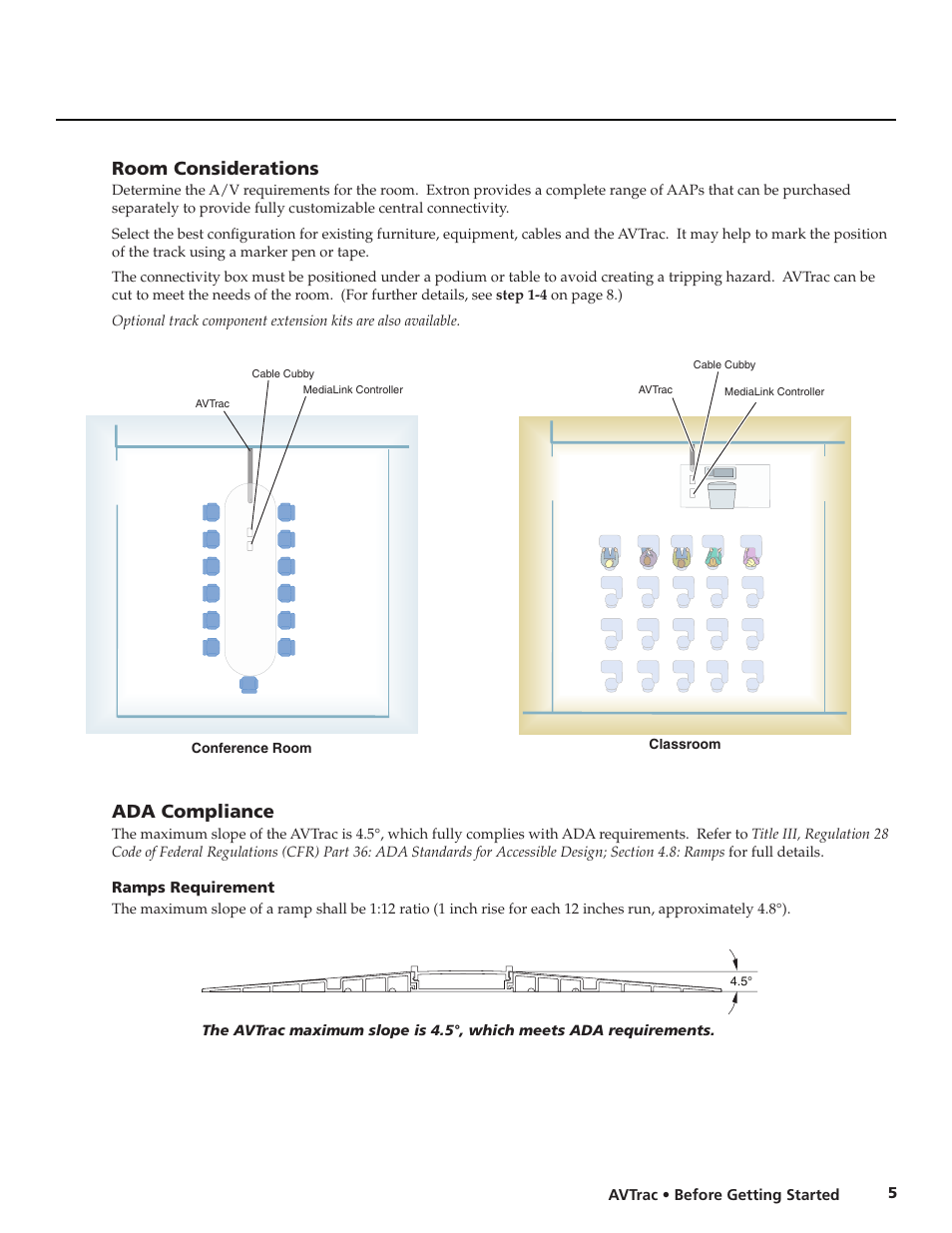 Room considerations, Ada compliance | Extron electronic Low Profile Floor-Mount Raceway System for A/V Connectivity AVTrac User Manual | Page 7 / 24