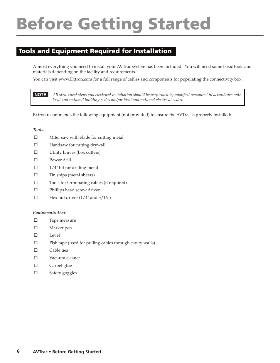 Before getting started, Tools and equipment required for installation | Extron electronic Low Profile Floor-Mount Raceway System for A/V Connectivity AVTrac User Manual | Page 8 / 24