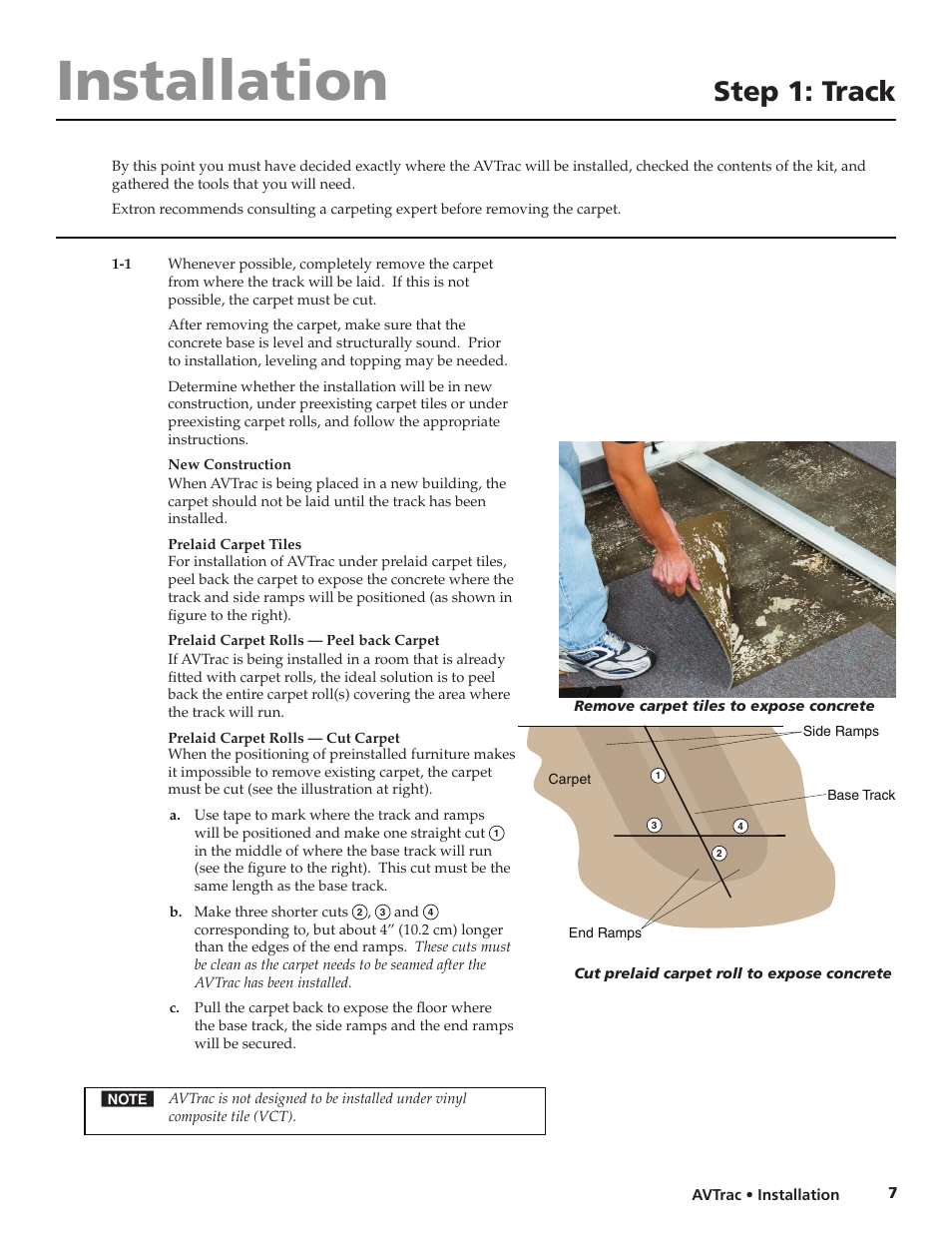 Installation, Step 1: track | Extron electronic Low Profile Floor-Mount Raceway System for A/V Connectivity AVTrac User Manual | Page 9 / 24