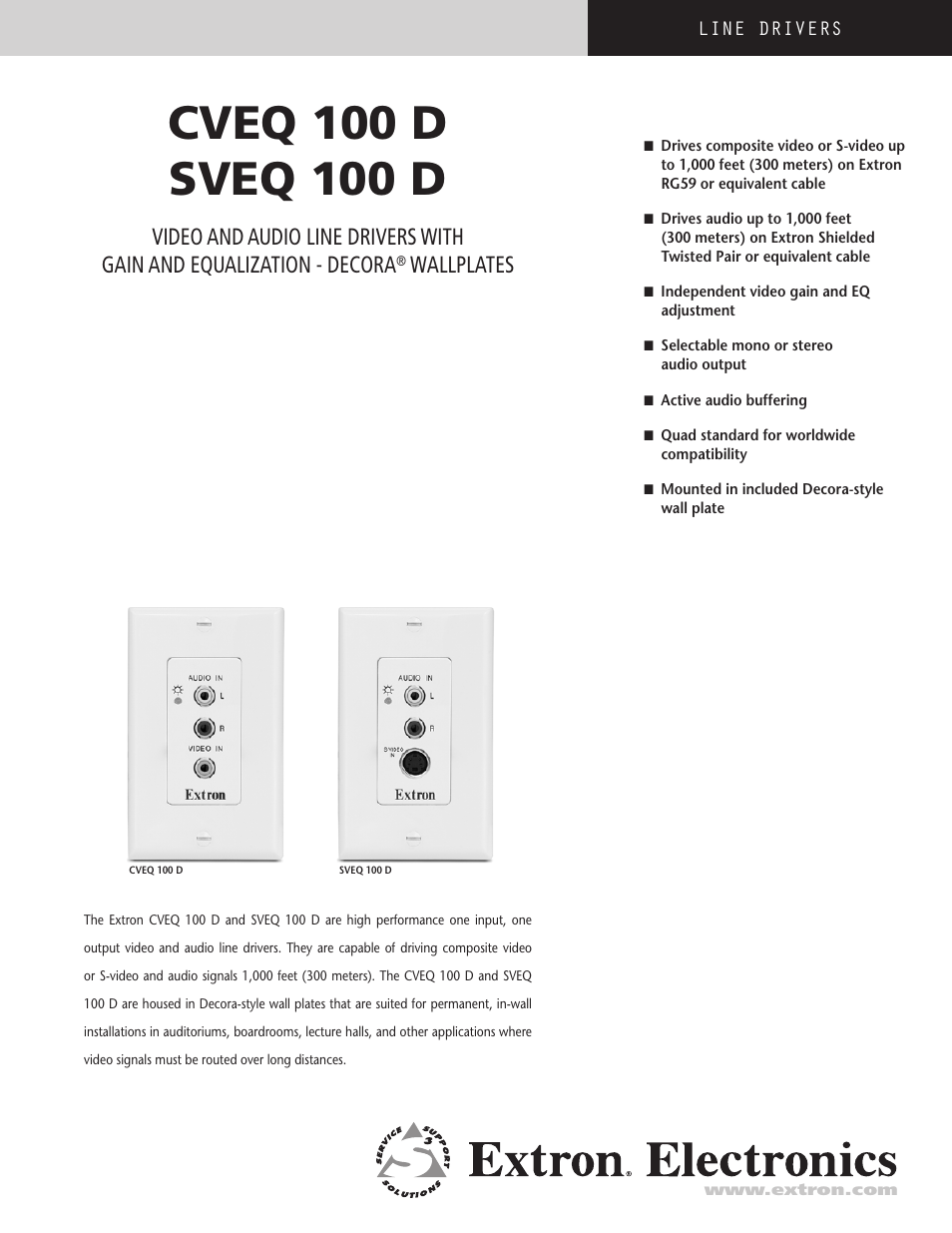 Extron electronic Video and Audio Line Drivers with Gain and EquaLization CVEQ 100 D User Manual | 4 pages