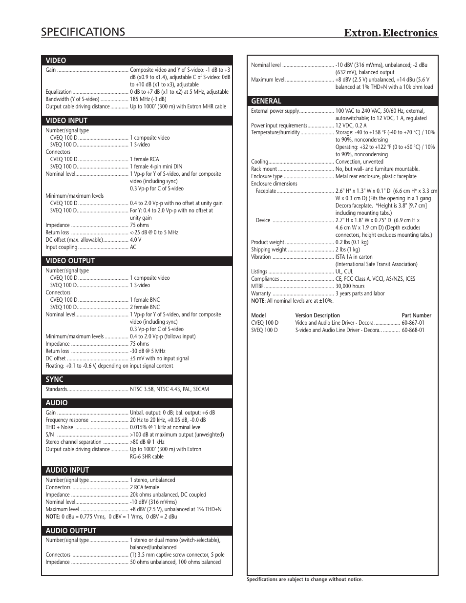 Specifications | Extron electronic Video and Audio Line Drivers with Gain and EquaLization CVEQ 100 D User Manual | Page 3 / 4