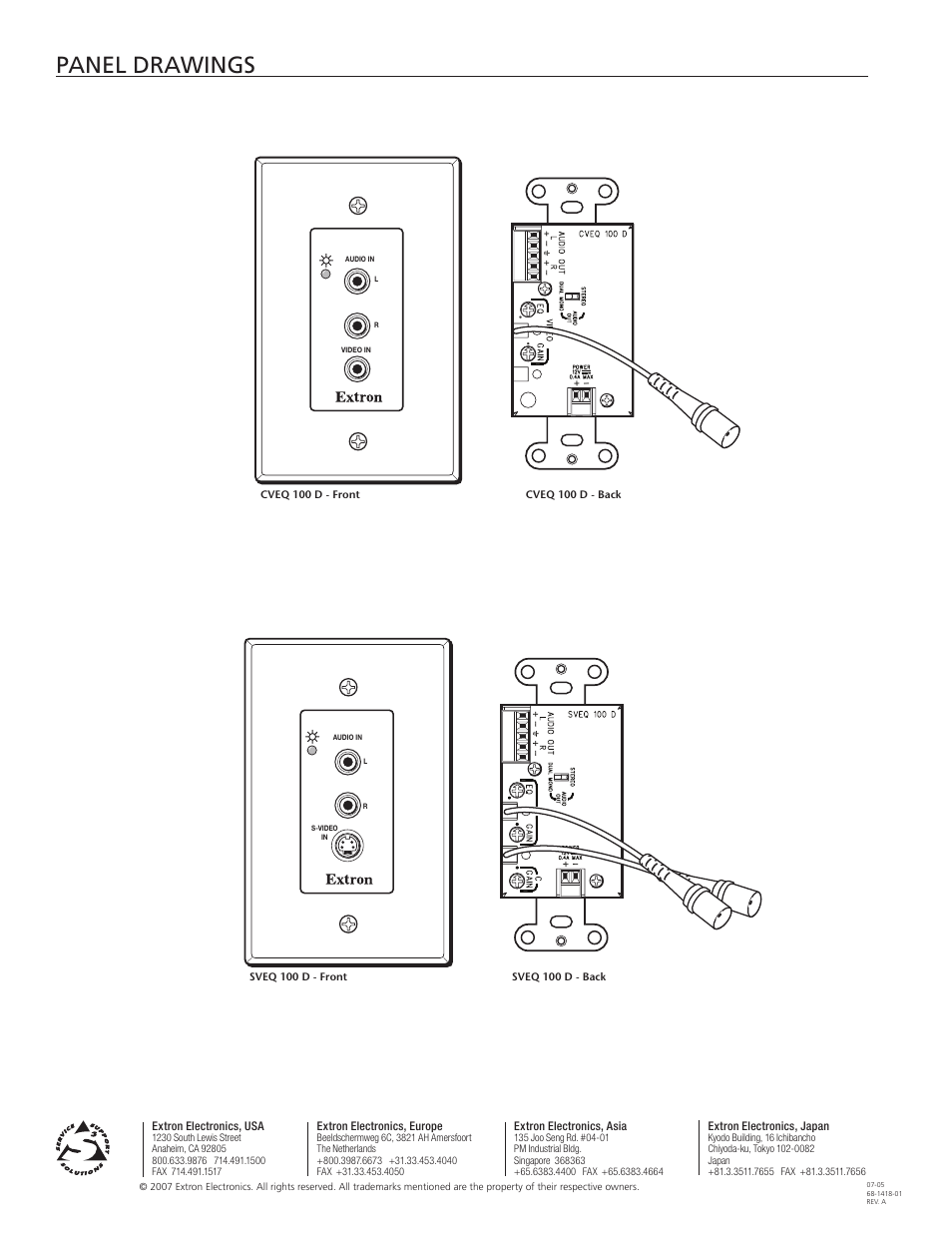 Panel drawings, Extron electronics, europe, Extron electronics, asia | Extron electronics, japan, Extron electronics, usa | Extron electronic Video and Audio Line Drivers with Gain and EquaLization CVEQ 100 D User Manual | Page 4 / 4