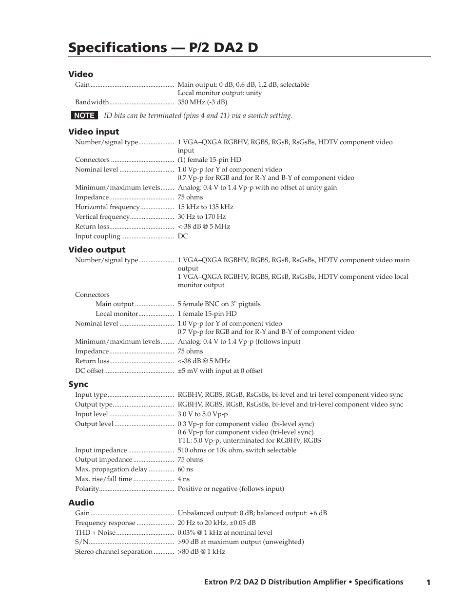 Extron electronic P/2 DA2 D User Manual | 2 pages