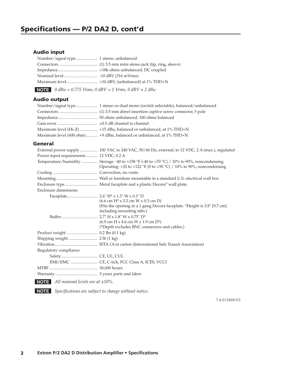 Specifications — p/2 da2 d, cont’d | Extron electronic P/2 DA2 D User Manual | Page 2 / 2