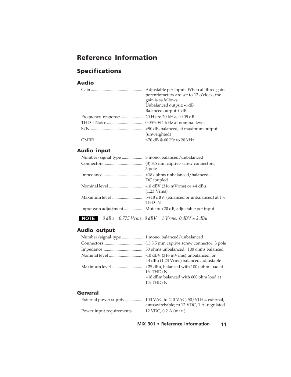 Reference information, Specifications | Extron Electronics MIX 301 User Manual | Page 15 / 18