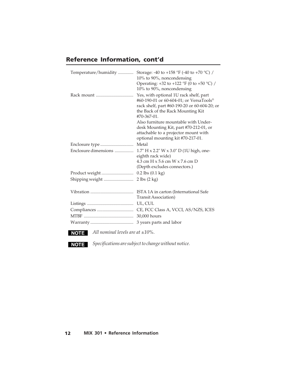 Reference information, cont’d | Extron Electronics MIX 301 User Manual | Page 16 / 18