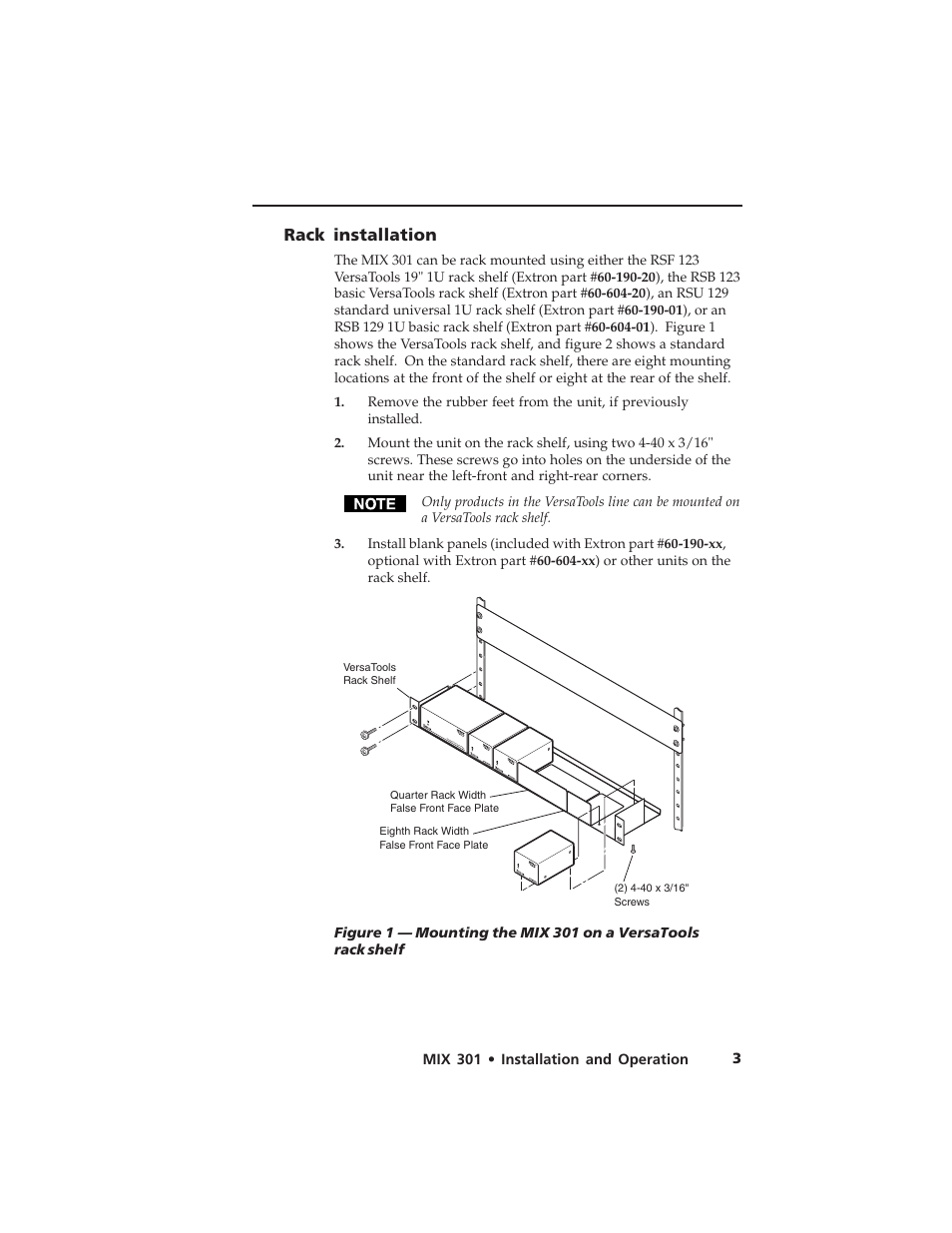 Rack installation | Extron Electronics MIX 301 User Manual | Page 7 / 18