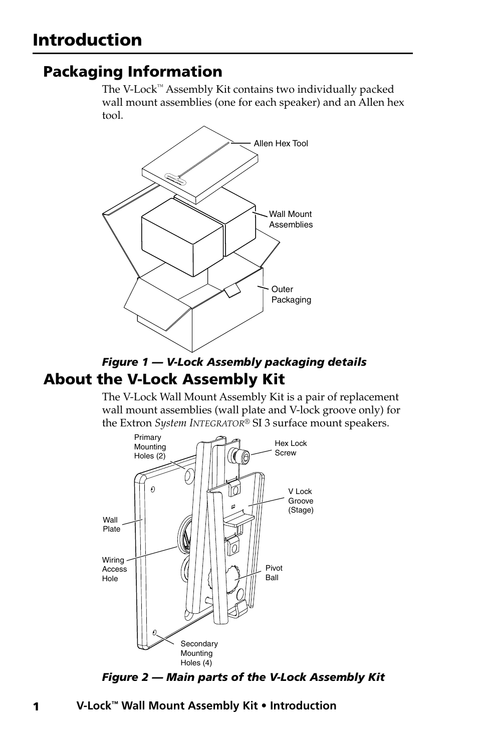 Introduction, Packaging information, About the v-lock assembly kit | Extron electronic Wall Mount Assembly Kit V-LockTM User Manual | Page 2 / 8