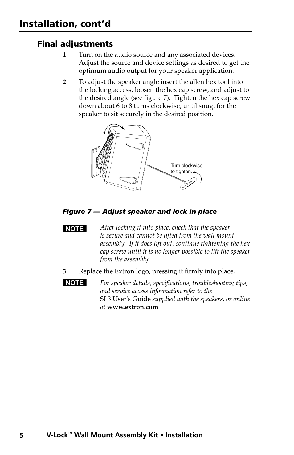 Final adjustments, Installation, cont’d | Extron electronic Wall Mount Assembly Kit V-LockTM User Manual | Page 6 / 8