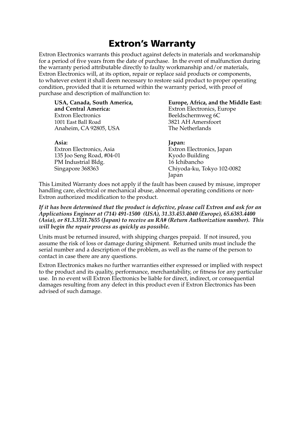 Extron’s warranty | Extron electronic Wall Mount Assembly Kit V-LockTM User Manual | Page 7 / 8