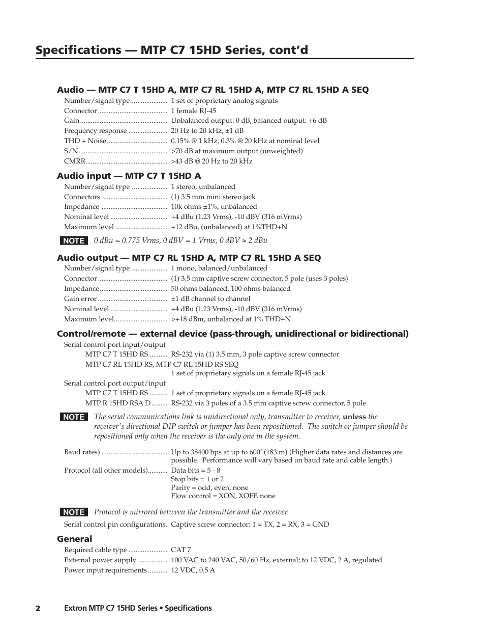 Specifications — mtp c7 15hd series, cont’d | Extron electronic MTP C7 15HD Series User Manual | Page 2 / 3