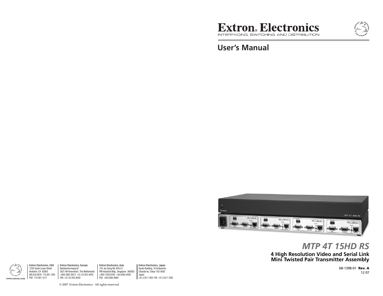 Extron electronic MTP 4T 15HD RS User Manual | 16 pages