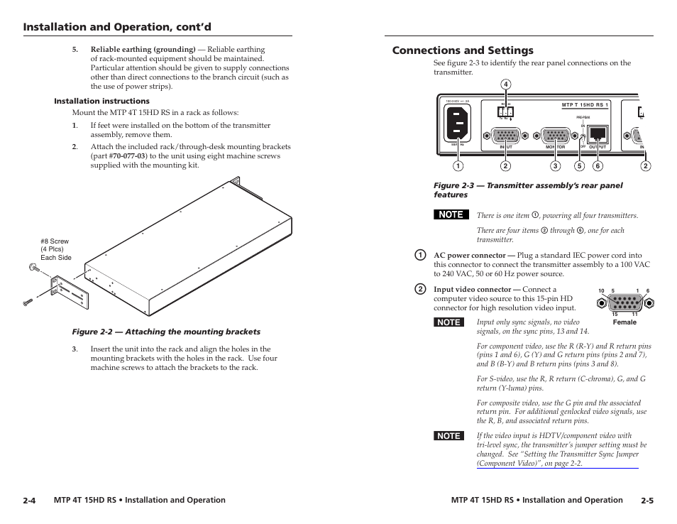 Installation instructions, Connections and settings, Installation and operation, cont’d | Extron electronic MTP 4T 15HD RS User Manual | Page 10 / 16