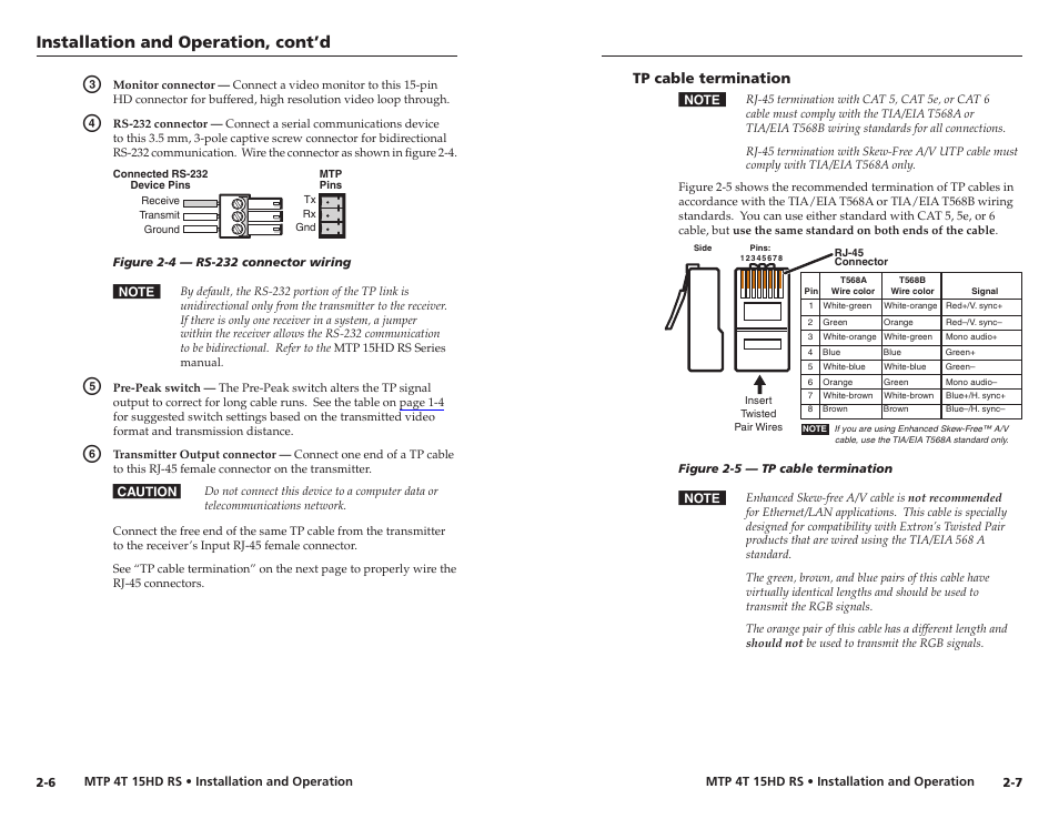 Tp cable termination, Installation and operation, cont’d | Extron electronic MTP 4T 15HD RS User Manual | Page 11 / 16